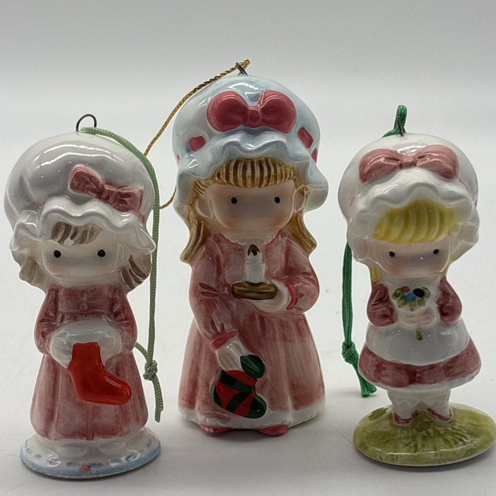 3- Vintage Joan Walsh Anglund ceramic ornament girl with bonnet christmas